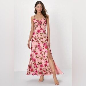 NWT Lulus Pretty Perspective Blush Pink Floral Burnout Notched Maxi Dress